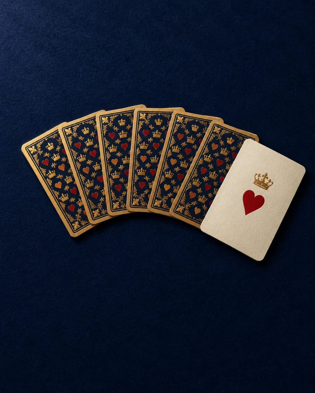Seven playing cards fanned face down on navy felt, one turned to show a red heart
