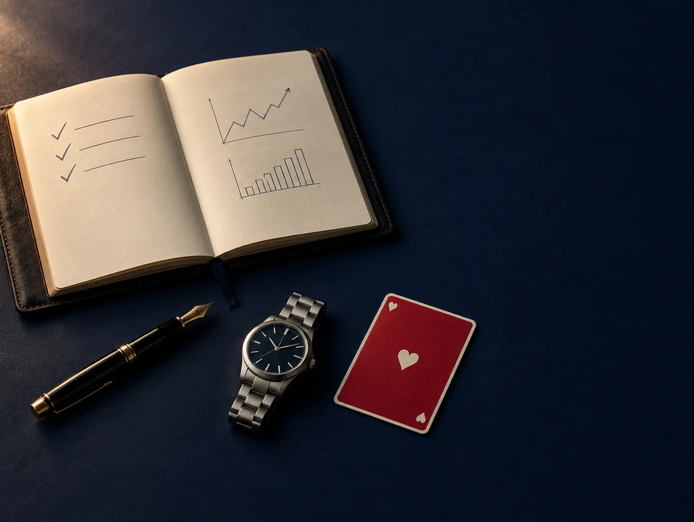 An open leather workbook with a pen, a watch and a heart playing card on a navy desk